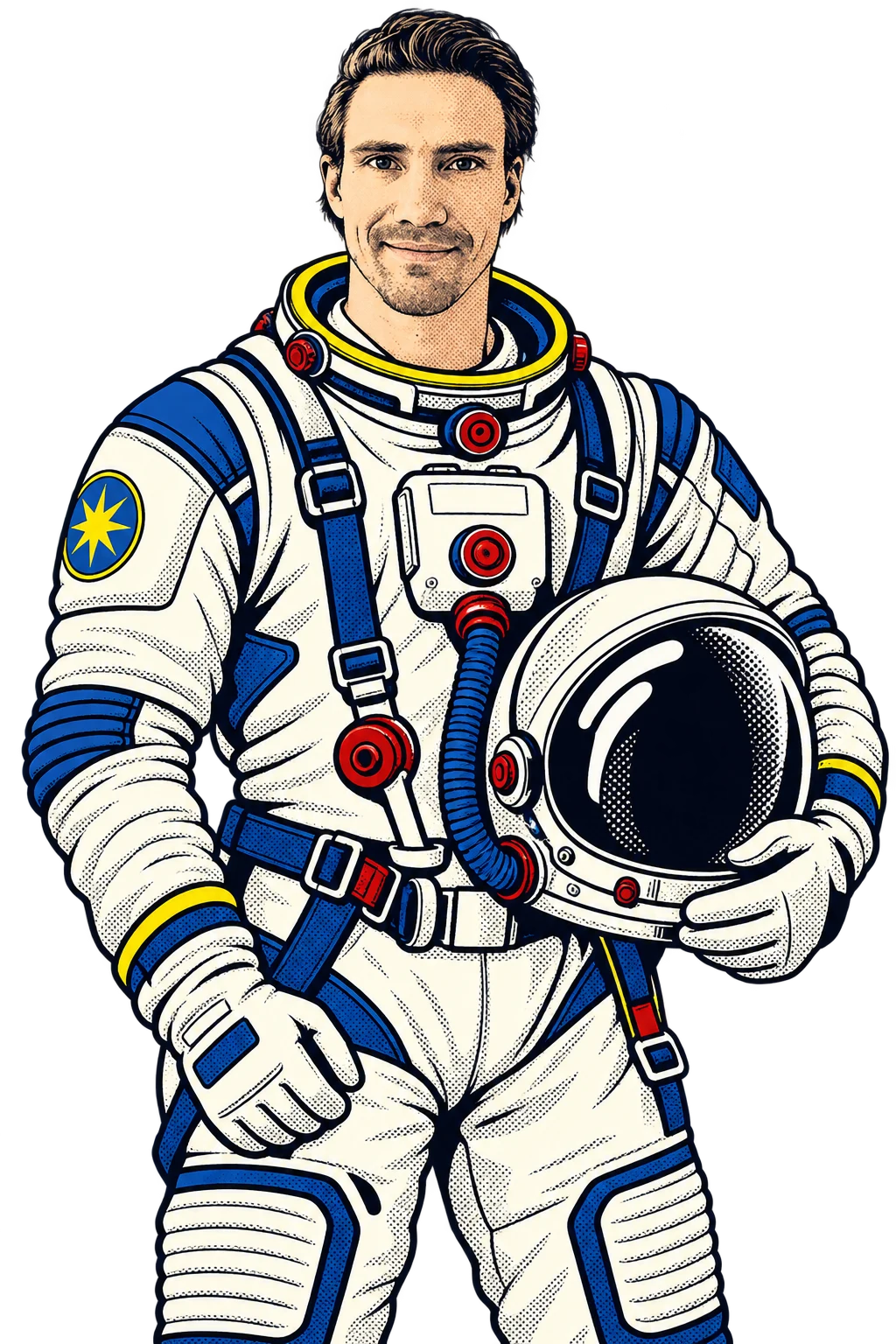 Jan Haaverstad som tegnet astronaut, med romhjelmen under armen.