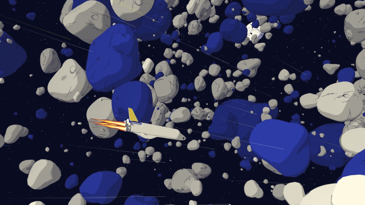 Romfergen manøvrerer gjennom en stor meteorittstorm. Enorme steinblokker med tegnede sprekker passerer tett på, med hundrevis av fragmenter og en fjern måne bak.