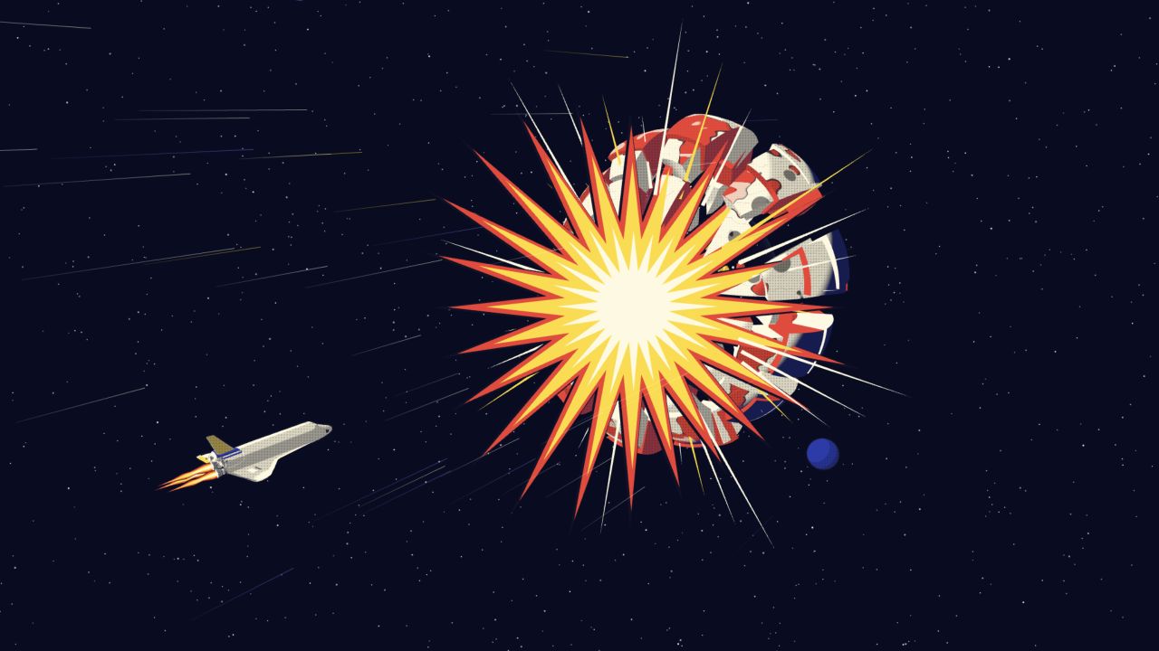 Den samme romfergen skyter fart mot en rund, tegnet planet med landformer, kratere og atmosfære. Planeten sprekker i tykke deler, og skipet flyr gjennom åpningen.